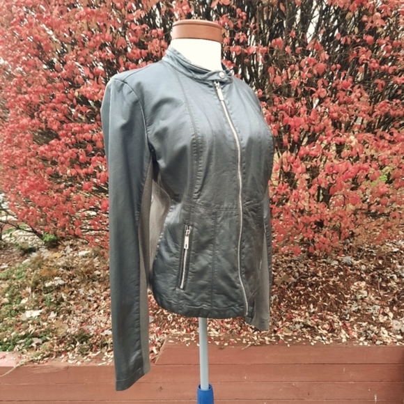 Kenneth Cole Faux Leather Moto Jacket Stretch Green NEW - Picture 2 of 12